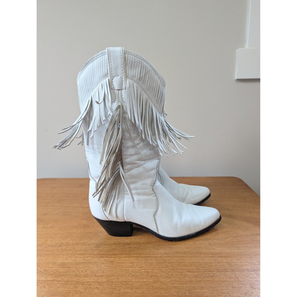 Vintage Laredo White Leather Fringe Cowboy Boots Western Pointed Toe 7.5